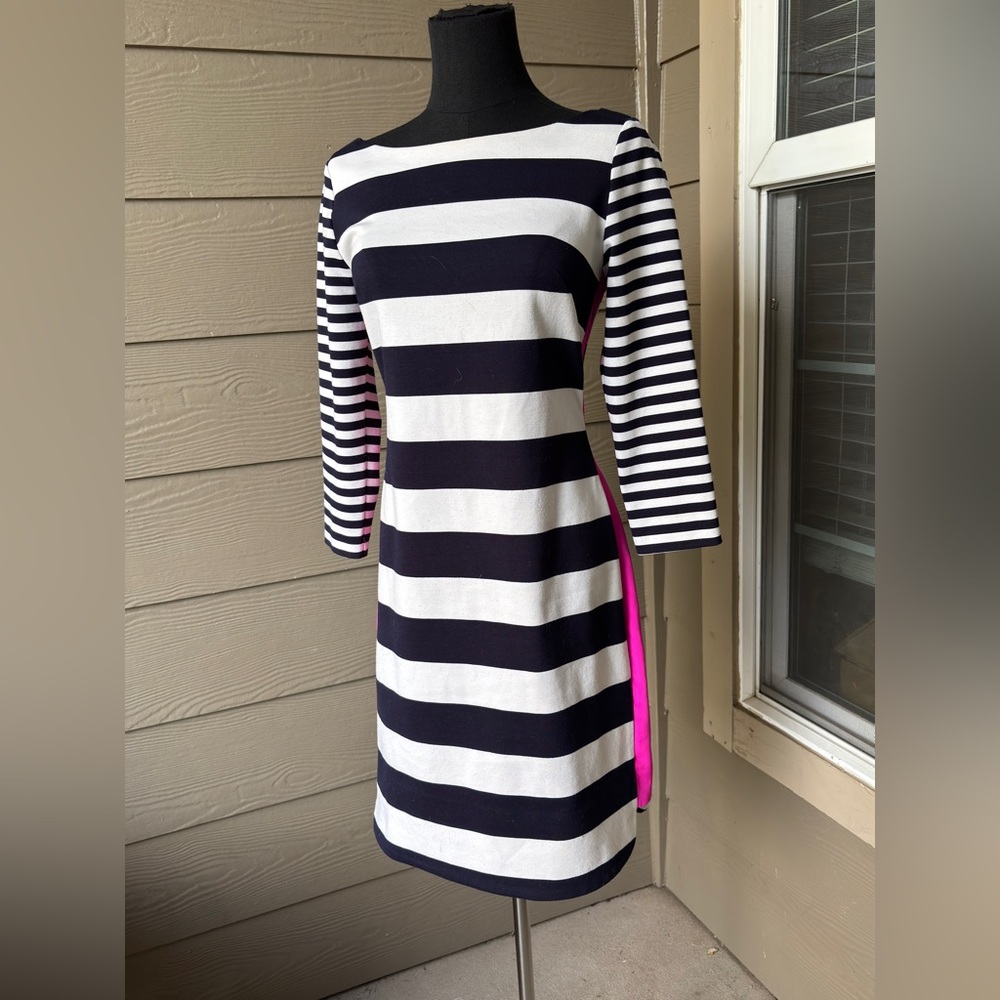 Eliza J Navy and White Striped Long Sleeve Dress with Pink Accents